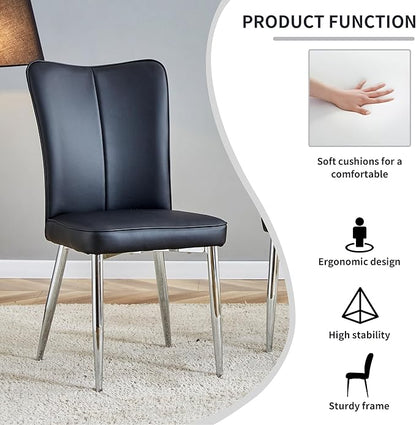 Modern Dining Chairs,Pu Upholstered Leather Chair And Sturdy Metal Legs,Comfortable Ergonomic Large Backrest Design,Applicable To Front Porch,Outdoor Lounge,Garden,Reception Room,Patio,BlackSilver-Met
