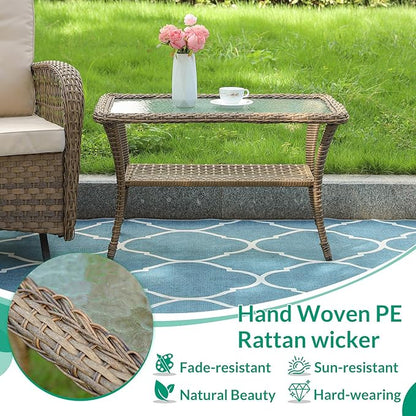 VIVIJASON Outdoor Wicker Coffee Table, All-Weather Rattan Patio Coffee Table with 2-Tier Storage, Tempered Glass Top Rectangle Center Table for Deck, Garden, Balcony, Porch, Indoor or Outdoor Use