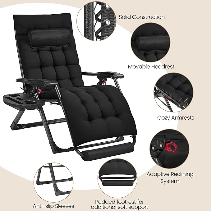 Yaheetech 29" Zero Gravity Chair Folding Reclining Lounge Recliner with Removable Pad & Headrest & Side Cup Holder Tray for Indoor and Outdoor Black/1