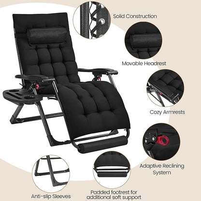 Yaheetech 29" Zero Gravity Chair Folding Reclining Lounge Recliner with Removable Pad & Headrest & Side Cup Holder Tray for Indoor and Outdoor Black/1