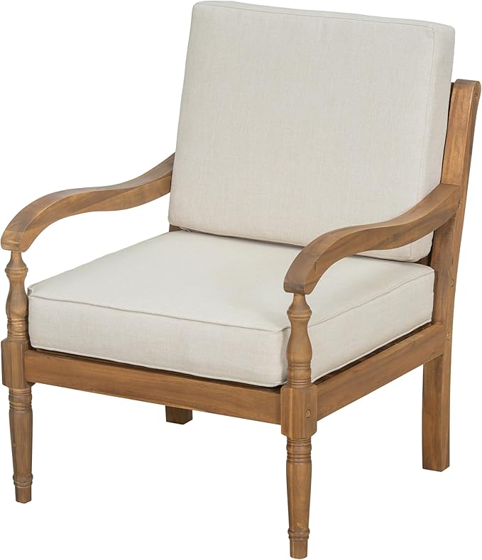 Christopher Knight Home Pyosik Acacia Wood Patio Chair, Comfy Armchair with Thick Cushions, Comfort Seating for Garden Backyard Poolside, Wooden Lounge Chair Outdoor with Armrest, Beige + Natural