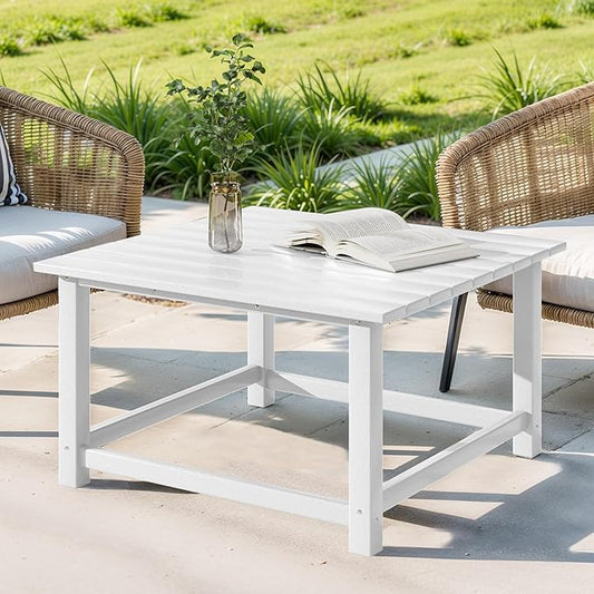 Costaelm Patio Conversation Table, Tatio Accent HDPE Outdoor Weather Resistant, Square Outdoor Porch Balcony Patio Drink Table for Outside, Pool, Backyard, White