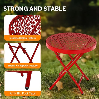 VINGLI Patio Folding Side Table, Small Outdoor Table with Everlasting Floral Pattern and Sturdy X-Shaped Metal Frame Ideal for Indoor & Outdoor Balcony, Porch, Backyard, Deck, Red, 1 Pack