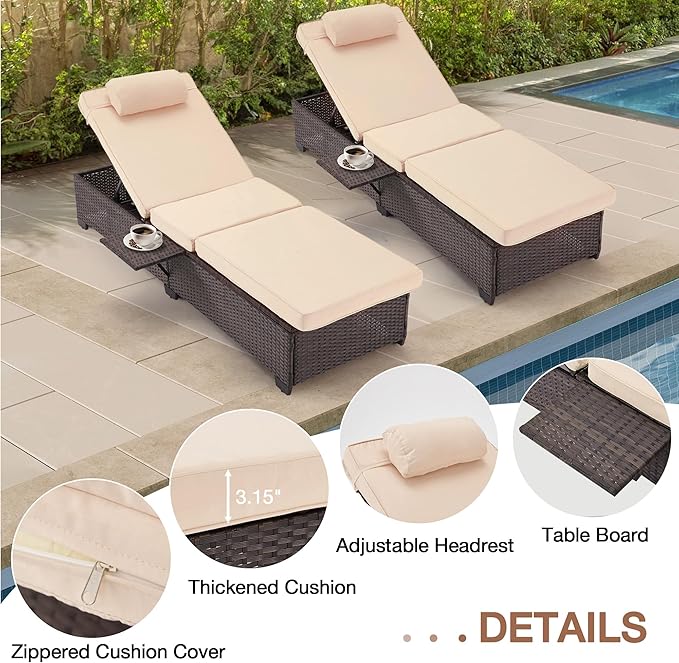 HOMREST PE Wicker Chaise Lounge Chairs Set of 2,Adjustable 5 Position Outside Rattanr Patio Pool Chair with Headrest,Cushion and Storage Rack for Poolside Backyard Porch,Khaki