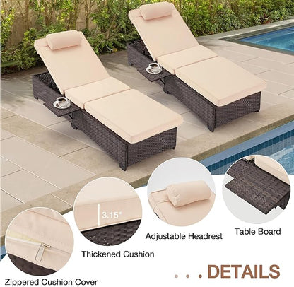 HOMREST PE Wicker Chaise Lounge Chairs Set of 4,Adjustable 5 Position Outside Rattanr Patio Pool Chair with Headrest,Cushion and Storage Rack for Poolside Backyard Porch,Khaki