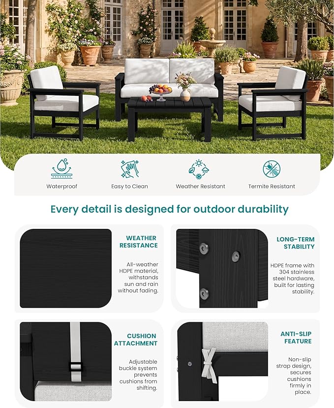 SERWALL Black HDPE Outdoor Loveseat with Khaki Cushions, All Weather Use Outdoor Loveseat Sofa - Photo 2