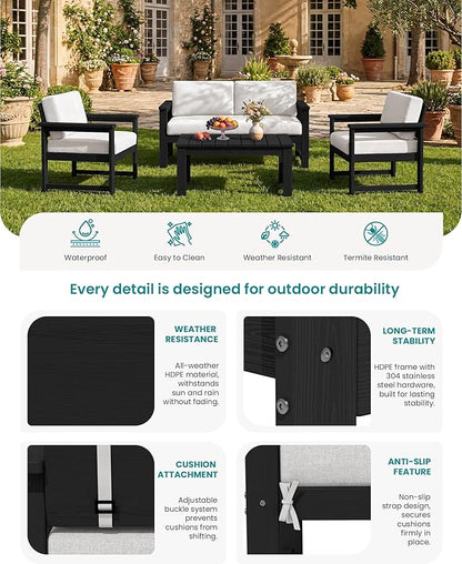 SERWALL 4-Piece Outdoor Patio Sofa Set, HDPE All-Weather Loveseat Sofa with Cushions & Coffee Table, Black Frame & Khaki Cushions