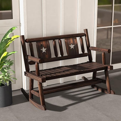 Giantex Outdoor Rocking Bench, Patio Loveseat Rocker for 2 w/Ergonomic Back & Log Arms, Carbonized Fir Wood Frame, Wooden Double Rocking Chair for Porch, Garden, 710 LB Capacity, Rustic Brown (2)