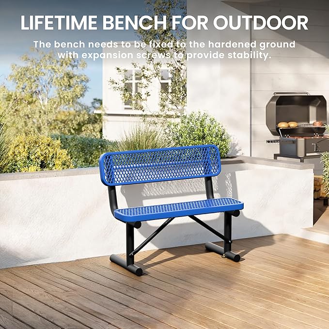 4 Feet Steel Park Bench for Outside, Outdoor Bench with Backrest & Portable Frame, Commercial Benches for Shopping Malls, Stores, Parks, Patios, Decks, Dark Blue