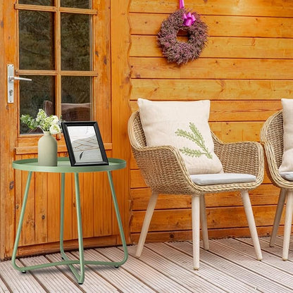 danpinera Outdoor Side Tables, Weather Resistant Steel Patio Side Table, Small Round Outdoor End Table Metal Side Table for Patio Yard Balcony Garden Bedside Green, Set of 2
