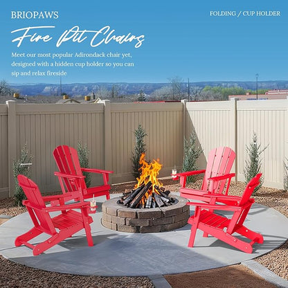BRIOPAWS Folding-Adirondack-Chair | HDPE Plastic | Fire Pit Chairs | Cup Holder | Curved Back | All Weather | for Outdoor Backyard Deck Patio | Red