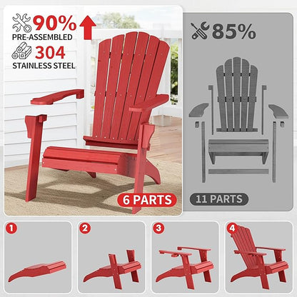 Psilvam Adirondack Chair, Oversized Poly Lumber Fire Pit Chair with Cup Holder, 350Lbs Support Patio Chairs for Garden, Weather Resistant Outdoors Seating, Relaxing Gift for Father & Mother (Red)