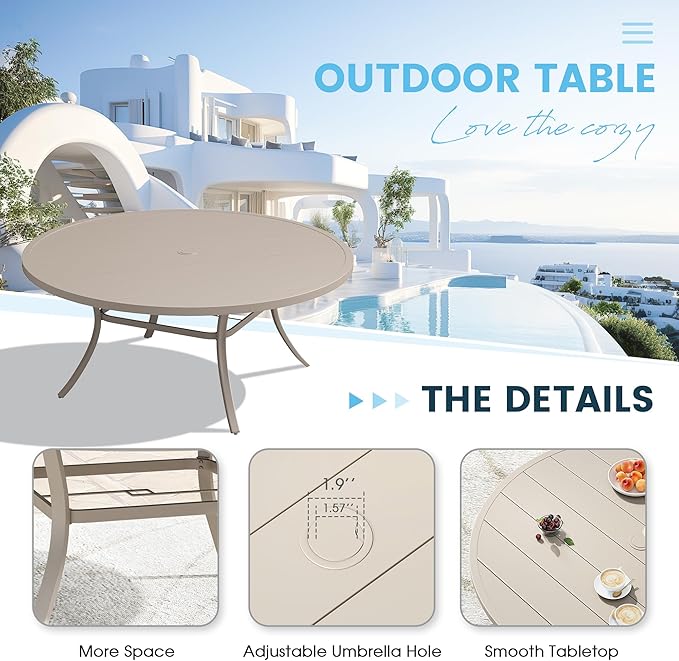 Patio Dining Table for 8-10, Round Metal Outdoor Table with 1.57" Umbrella Hole, 63" Outdoor Slat Tabletop Dining Table for Backyard, Porch, Lawn, Sand