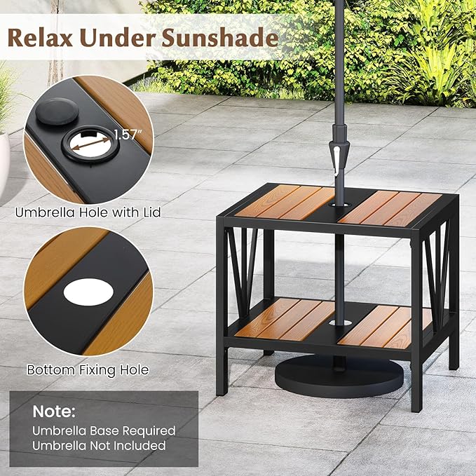 HAPPYGRILL Outdoor Side Table with Umbrella Hole 1.57”, 2-Tier Coffee Bistro End Table Umbrella Stand with Storage Shelf, for Backyard Poolside Garden (1)
