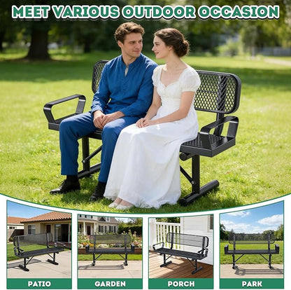 Outdoor Garden Bench, Cast Iron Metal Frame Patio Park Bench with Backrest, Portable Expanded Metal Black Bench, Commercial-Grade Outdoor Seating for Patio, Park, Garden (Black with armrest, 4FT/48'')