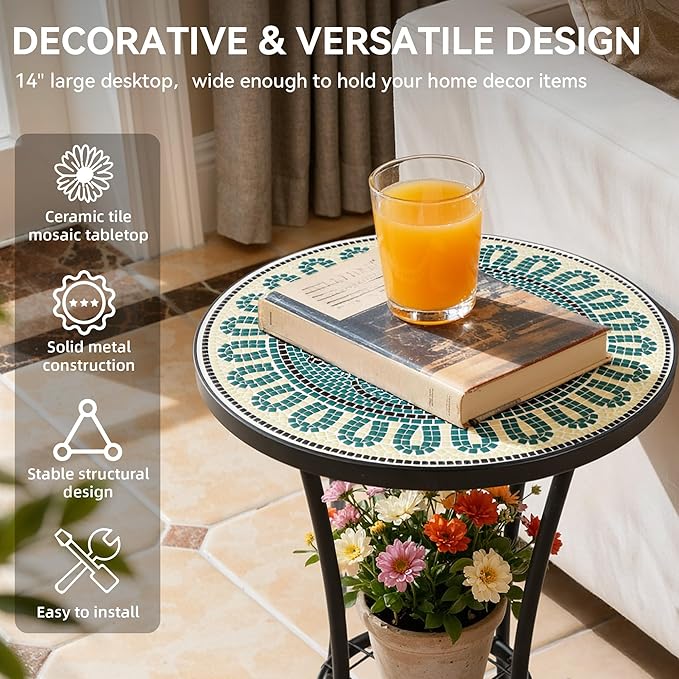 Side Table Outdoor, Mosaic Patio Table with Planter Stand, 22" H Iron Coffee End Table, Weather-Resistant Tile Top Metal Drink Bar Table for Indoor Garden Balcony Yard Bistro
