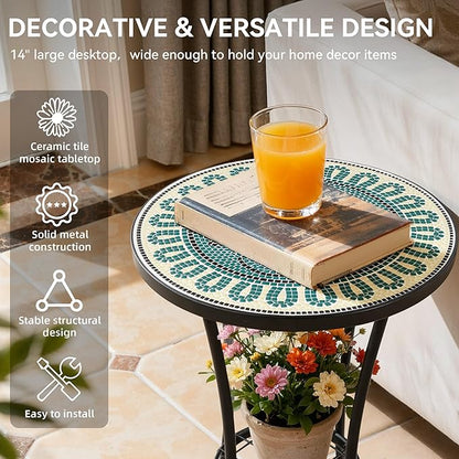 Side Table Outdoor, Mosaic Patio Table with Planter Stand, 22" H Iron Coffee End Table, Weather-Resistant Tile Top Metal Drink Bar Table for Indoor Garden Balcony Yard Bistro