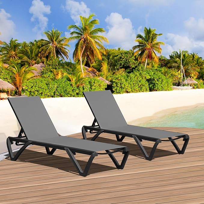 Domi Pool Lounge Chairs Set of 2, Aluminum Adjustable Outdoor Chaise Lounge with Wheels - Photo 1