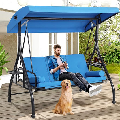 Grepatio 3-Seat Outdoor Porch Swing with Adjustable Canopy, 3 Person Convertible Porch Swing Bed with Stand, Heavy Duty Patio Swing with Cup Holder and Pillows, Cushion for Garden, Poolside (Blue)