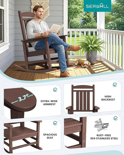SERWALL HDPE Outdoor Rocking Chair Set of 4, Oversized Patio Rocking Chairs, All-Weather Porch Rockers for Adults, Coffee