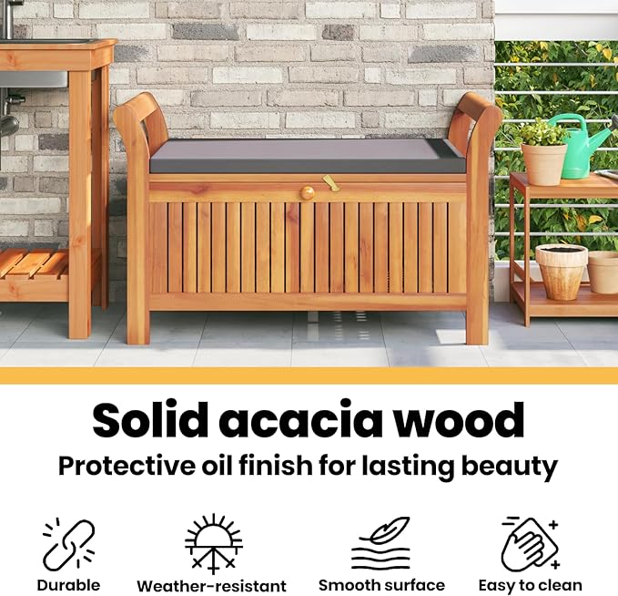 vidaXL Garden Storage Bench, Solid Acacia Wood, Gray Cushion Included, Classic Outdoor Design, Patio & Garden Seating, 35.8" x 19.7" x 23.6", Patio & Deck Organizer, Durable Wooden Furniture