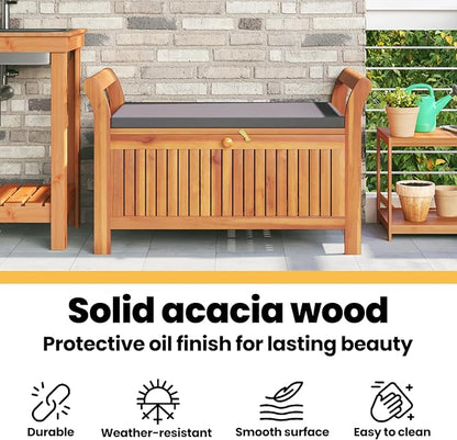 vidaXL Garden Storage Bench, Solid Acacia Wood, Gray Cushion Included, Classic Outdoor Design, Patio & Garden Seating, 35.8" x 19.7" x 23.6", Patio & Deck Organizer, Durable Wooden Furniture