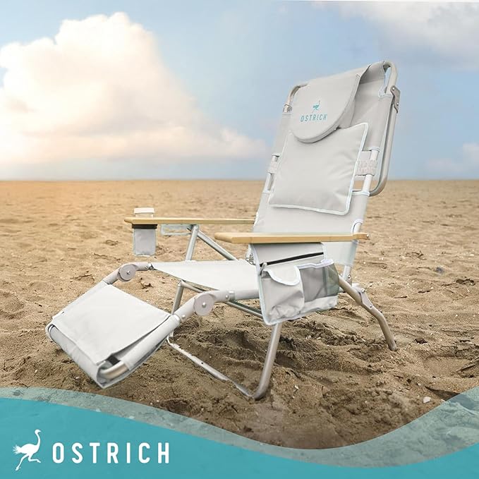 Ostrich the Deluxe 3N1 Reclining Lounge Chair, Folding Outdoor Lounger and Extra-Wide Beach Chair with Wooden Armrests and Face Hole, White