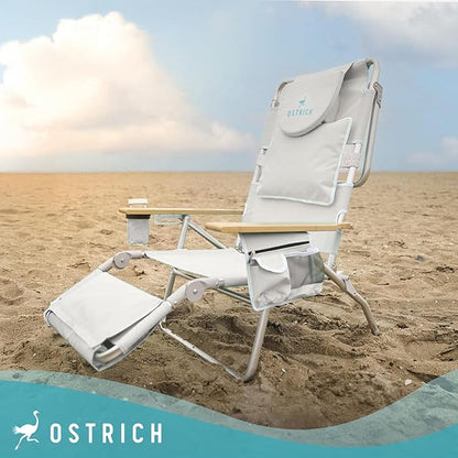 Ostrich the Deluxe 3N1 Reclining Lounge Chair, Folding Outdoor Lounger and Extra-Wide Beach Chair with Wooden Armrests and Face Hole, White