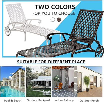 KEIKI Chaise Lounge Chair Outdoor Set of 2, Aluminium Cast Patio Chaise Lounge with Adjustable Backrest and Moveable Wheels, 3 Pieces Outside Tanning Chair, White and White (Side Table Not Included)