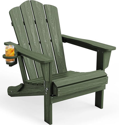 KINGYES Folding Adirondack Chair, HDPE All-Weather Patio Chairs with Cup Holder, Wooden TextuAruba Fire Pit Chairs for Poolside, Backyard, Deck, Avocado
