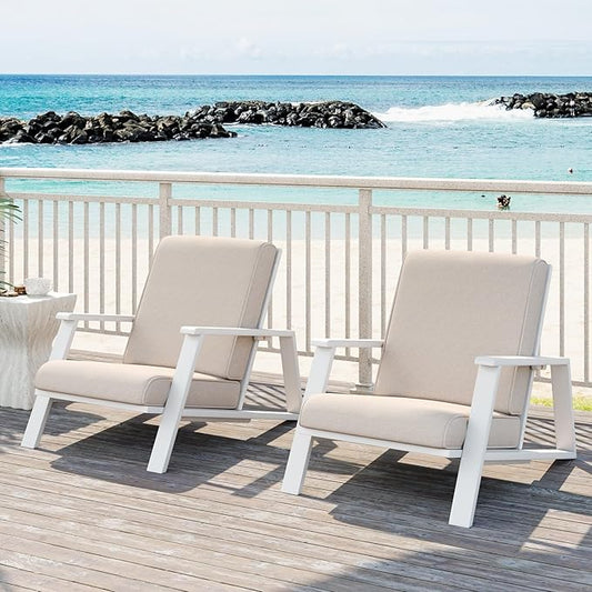 Merax Acacia Wood Outdoor Chaise Lounge Chair Set of 2, Patio Reading Lazy Recliner Sofa Couches Seating with Weather-Resistant Upholstered Cushions for Balcony Outside Pool, Beige+White