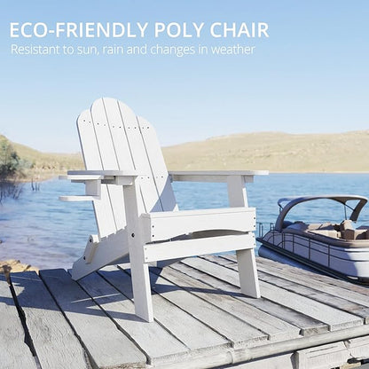 LUE BONA HDPS Folding Adirondack Chair Set of 4, 350lbs Capacity Heavy Duty Outdoor Chair for Patio Balcony Deck, One-Step Space-Saving Folding, Weatherproof Realistic Wood Grain Fire Pit Chair, White