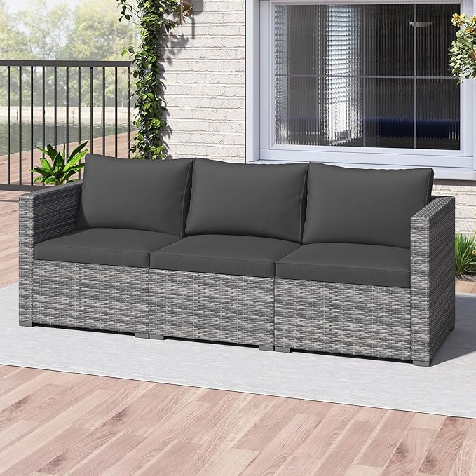 Tangkula 3 Seat Outdoor Wicker Sofa Set, Modular PE Rattan Patio Cushioned Sectional Couch Set - Photo 4