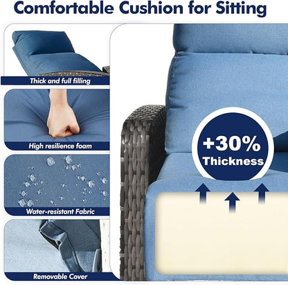 Outdoor Recliner Chair Set of 2, Wicker Patio Recliners with Adjustable Backrest and Extended Foot Rest, Reclining Patio Chairs with Flip Table & Removable Cushion Cover for Porch