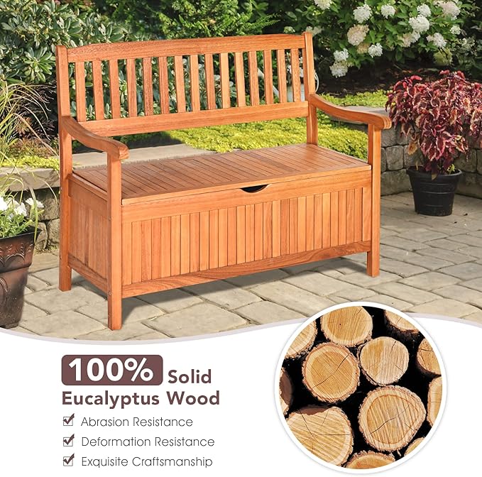 Outdoor Storage Bench, Wooden Bench with Storage, Removable Lining & Portable Handles, Patio Storage Bench Deck Bench for Outdoor, Garden, Balcony & Porch