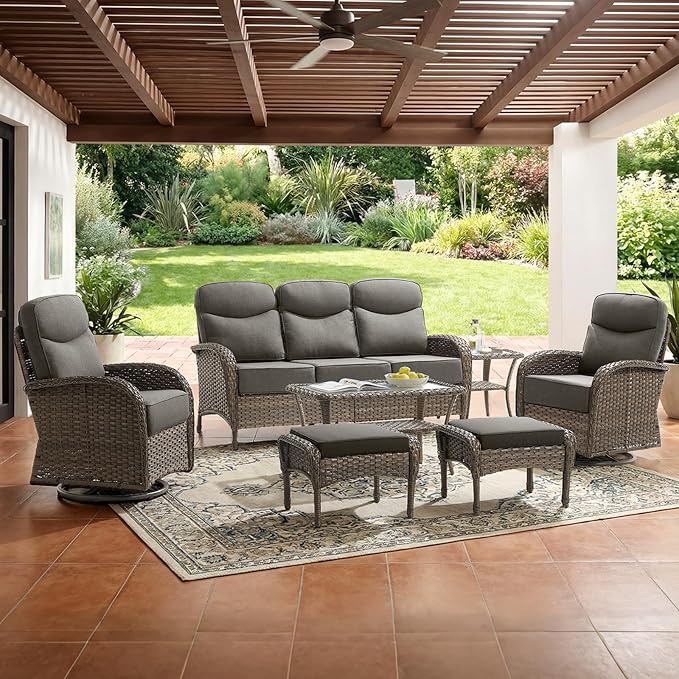 Outdoor Ottomans Patio Footrest Set of 2 - High Back Comfortable Brown Wicker Rattan Steel Frame Footstool Additional Bench Side Table for Porch Balcony Deck Garden Poolside - Grey