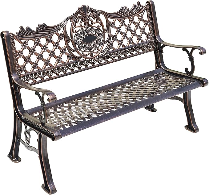 51" Outdoor Bench Garden Bench Cast Aluminum Bench with Floral Back Metal Front Porch Benches for Yard Patio Entryway Park (Red Copper)