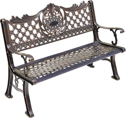 51" Outdoor Bench Garden Bench Cast Aluminum Bench with Floral Back Metal Front Porch Benches for Yard Patio Entryway Park (Red Copper)