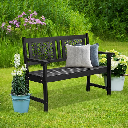 VINGLI 47" Outdoor Wood Bench, All Weather Outdoor Wooden Patio Garden Bench, Outside Loveseat 660lbs Capacity for Front Porch Park Entryway (Black)