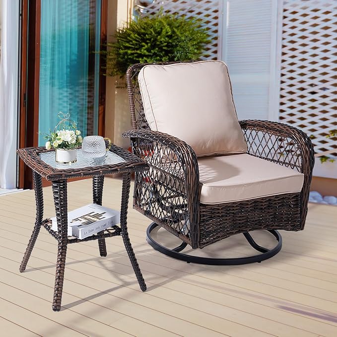 Outvita Outdoor Side Table, Patio Rattan Coffee Table Small End Table with Glass Tabletop and Storage Shelf for Patio Porch Backyard Balcony Living Room