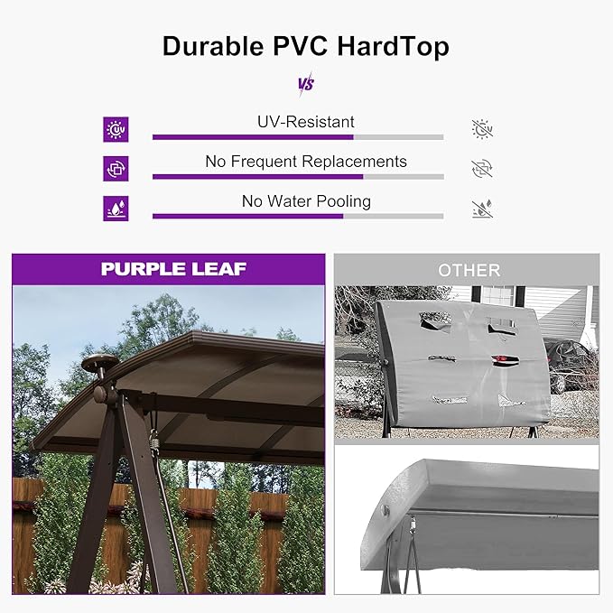 PURPLE LEAF 3-Seat Porch Swing with Adjustable PVC Canopy Metal Patio Bench Glider Swing Bed Outdoor Swing Chair with Stand and Side Cup Holder for Outside Garden Porch, Cushion and Pillows Included
