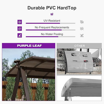 PURPLE LEAF 3-Seat Porch Swing with Adjustable PVC Canopy Metal Patio Bench Glider Swing Bed Outdoor Swing Chair with Stand and Side Cup Holder for Outside Garden Porch, Cushion and Pillows Included