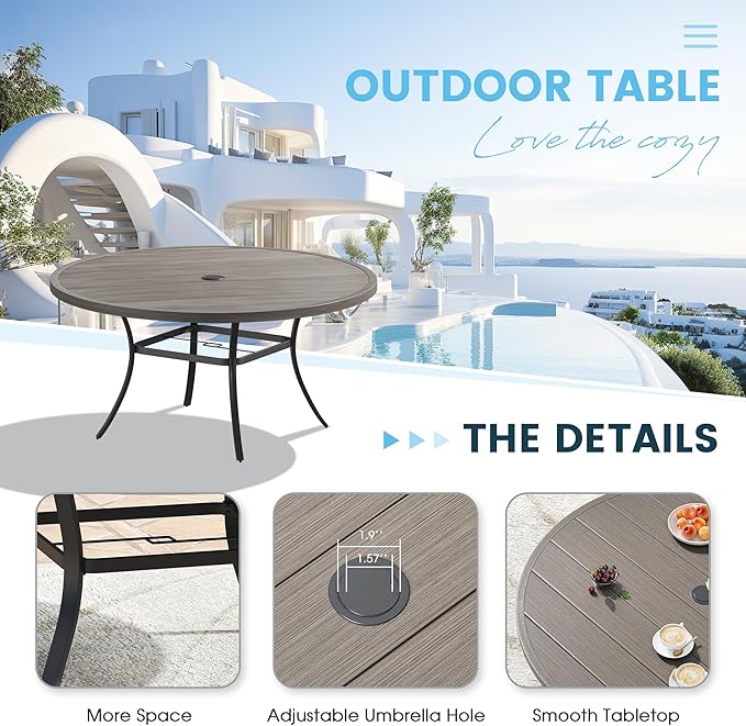 Patio Dining Table for 6-8, Round Metal Outdoor Table with 1.57" Umbrella Hole, 50" Outdoor Slat Tabletop Dining Table for Backyard, Porch, Lawn, Grey
