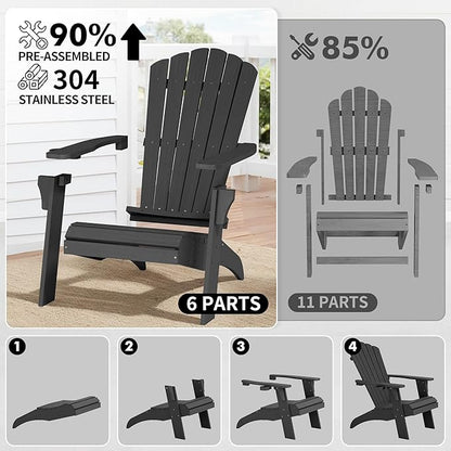 Psilvam Adirondack Chair, Oversized Poly Lumber Fire Pit Chair with Cup Holder, 350Lbs Support Patio Chairs for Garden, Weather Resistant Outdoors Seating, Relaxing Gift for Father & Mother (4, Black)