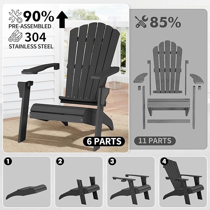 Psilvam Adirondack Chair, Oversized Poly Lumber Fire Pit Chair with Cup Holder, 350Lbs Support Patio Chairs for Garden, Weather Resistant Outdoors Seating, Relaxing Gift for Father & Mother (Black)