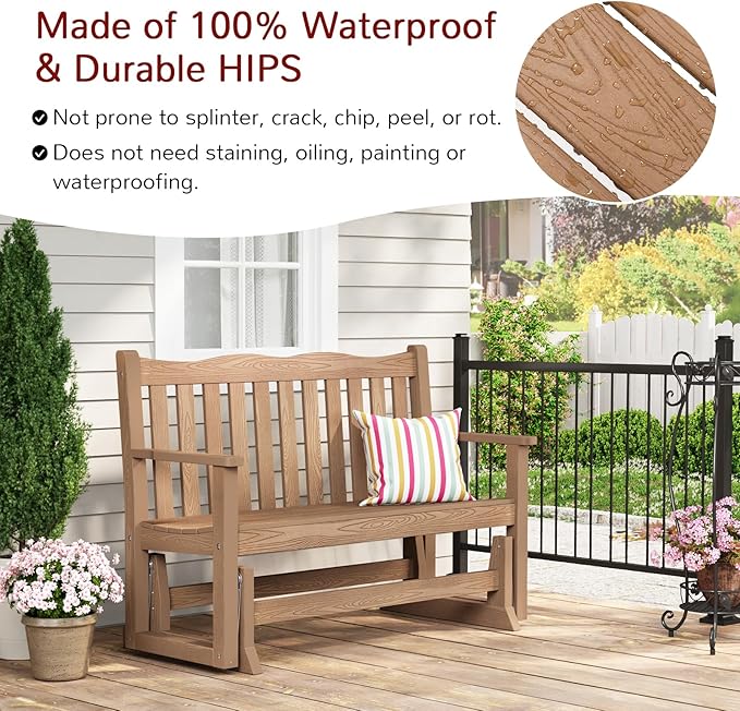 Stoog Outdoor Gliders Set of 2, All-Weather HIPS Glider Bench for Outside, Never Fade or Rot, Teak - Photo 7
