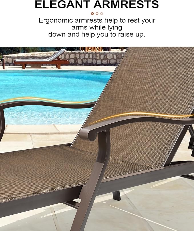Crestlive Products Aluminum Chaise Lounge Set of 3,Patio Lounge Chairs Five-Position and Full Flat Outdoor Recliner All Weather for Patio, Beach, Yard, Pool (3PCS Brown)