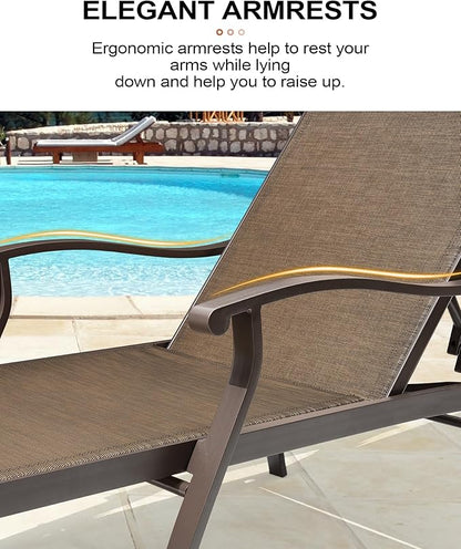 Crestlive Products Aluminum Chaise Lounge Set of 3,Patio Lounge Chairs Five-Position and Full Flat Outdoor Recliner All Weather for Patio, Beach, Yard, Pool (3PCS Brown)