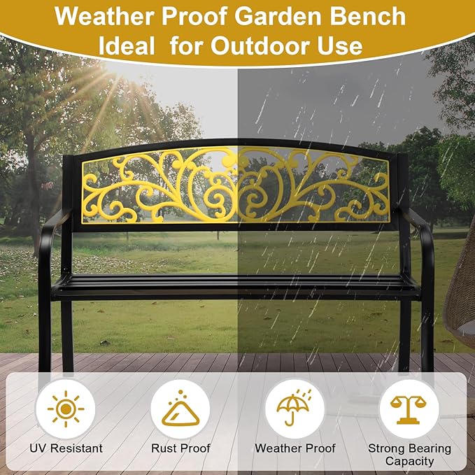 50" Outdoor Garden Bench Metal Patio Park Bench Elegant Porch Deck Loveseat with PVC Carved Pattern Backrest,Black Yellow