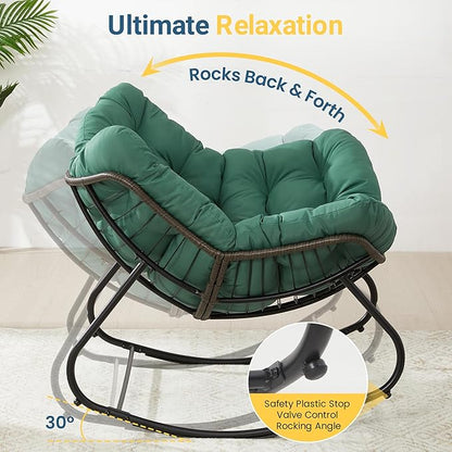 Wisteria Lane Patio Rocking Chair with Ottoman, Outdoor Indoor Rocking Egg Chair with Cushions, Metal Lounge Chair Oversized Papasan Chair, Outdoor Wicker Reading Chair for Porch Garden, Green